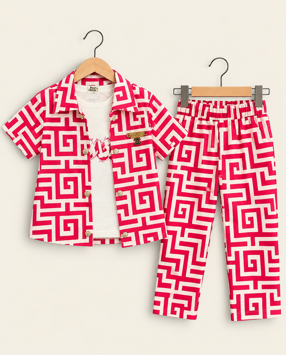 Girls Premium Geometric Print 3-Piece Shirt, T-Shirt & Trouser Set – 2 Colors