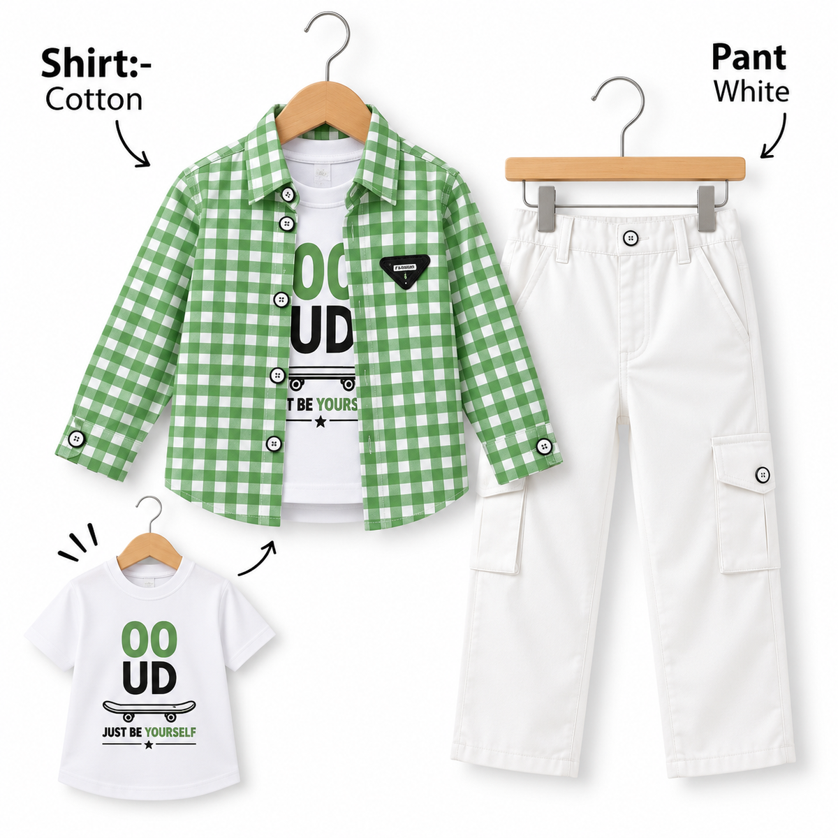 Boys Checkered Shirt, Graphic Tee & White Cargo Pant 3-Piece Set