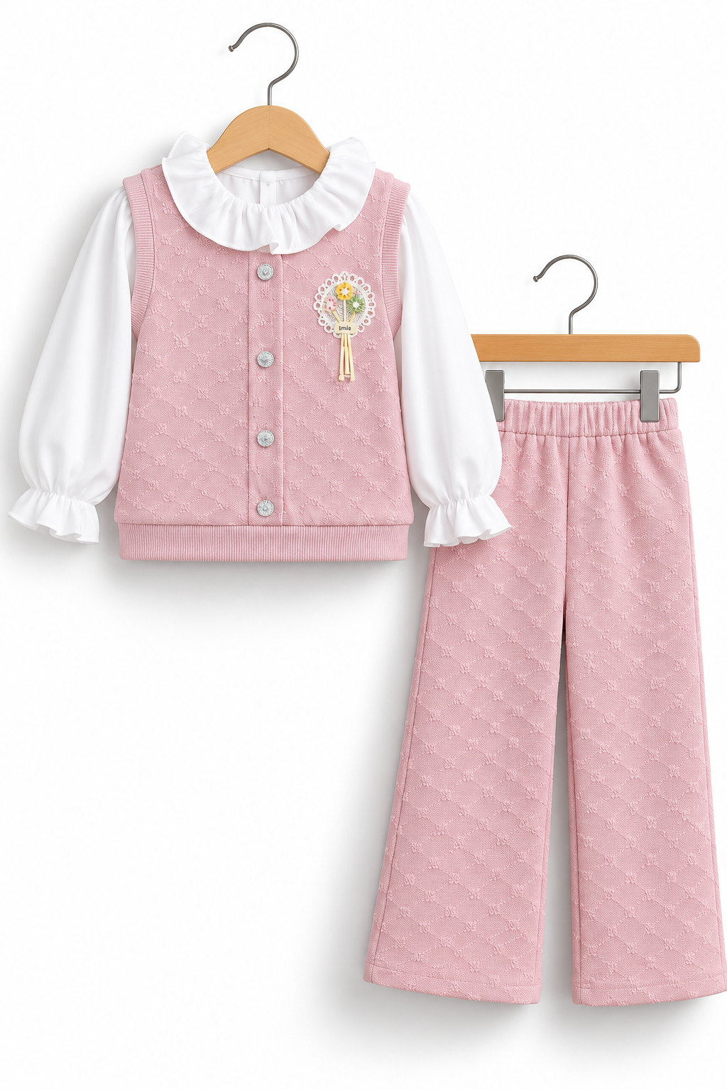 Girls 3-Piece Floral Textured Outfit Set – Flower Brooch Sleeveless Vest, White Ruffle Collar Shirt & Matching Wide Leg Pants