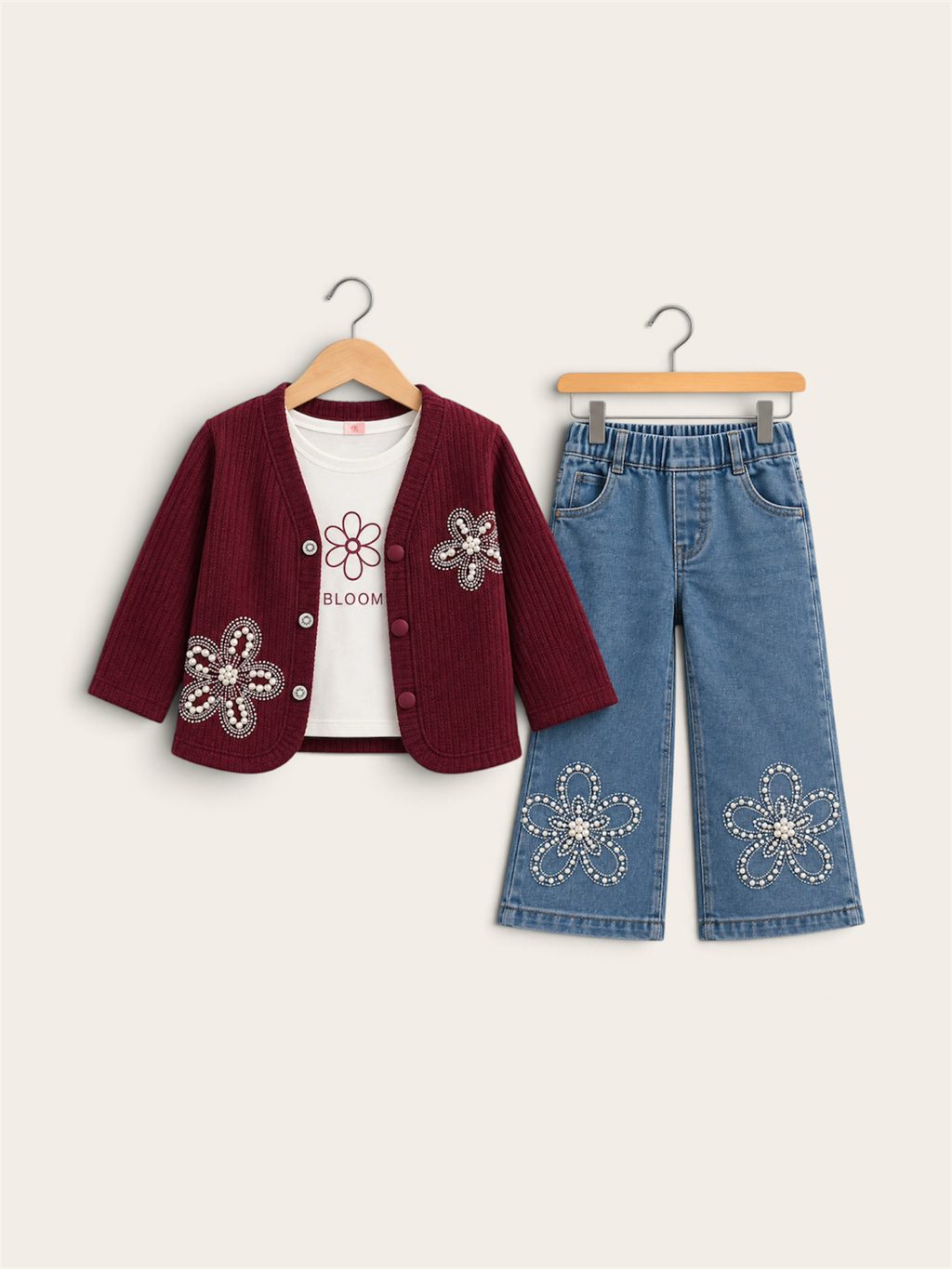Girls’ 3-Piece Pearl Floral Cardigan & Wide-Leg Denim Jeans Set