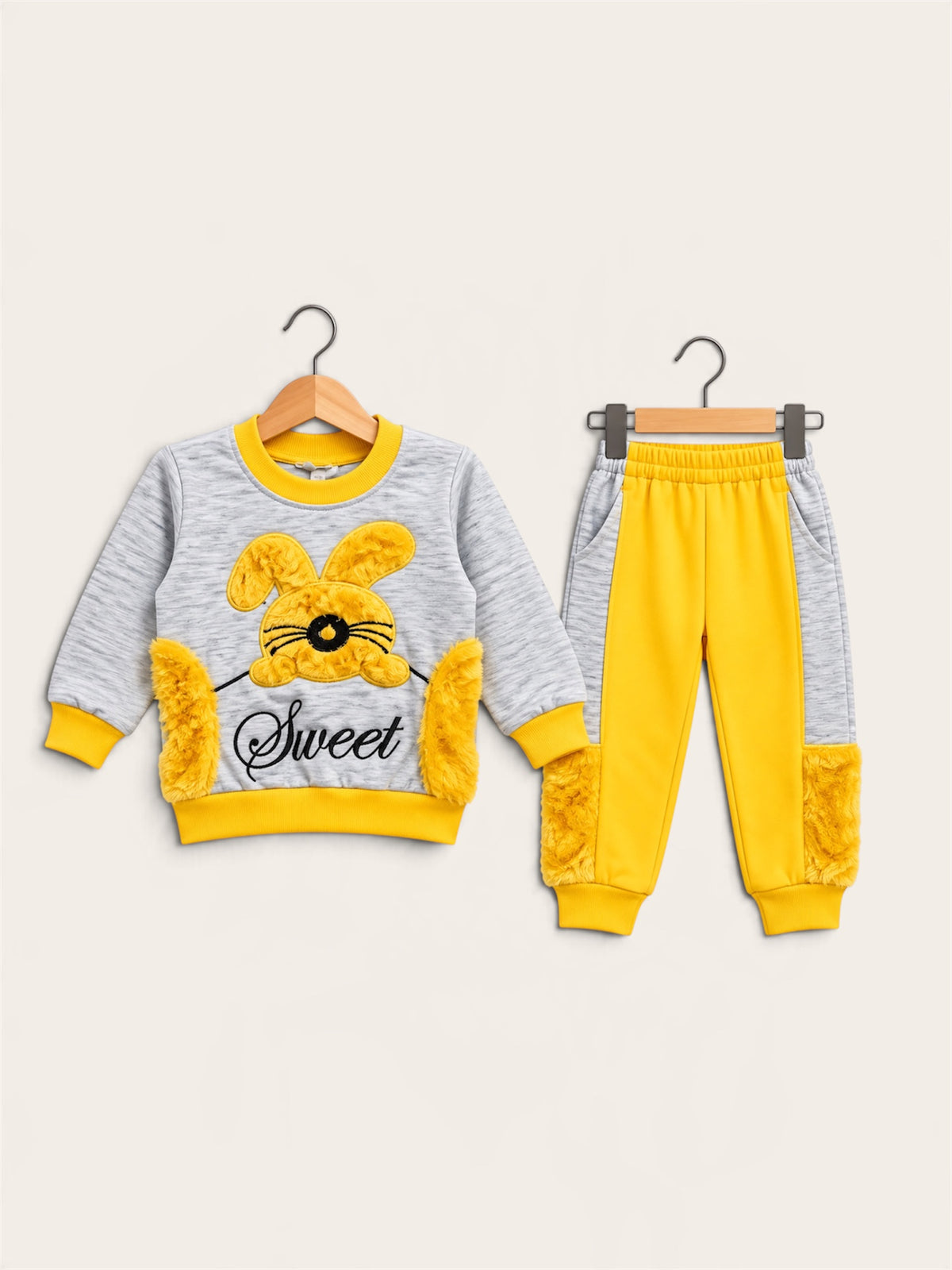 Sweet Bunny Furry Winter Sweatshirt & Trouser Set for Girls – 2 Colors