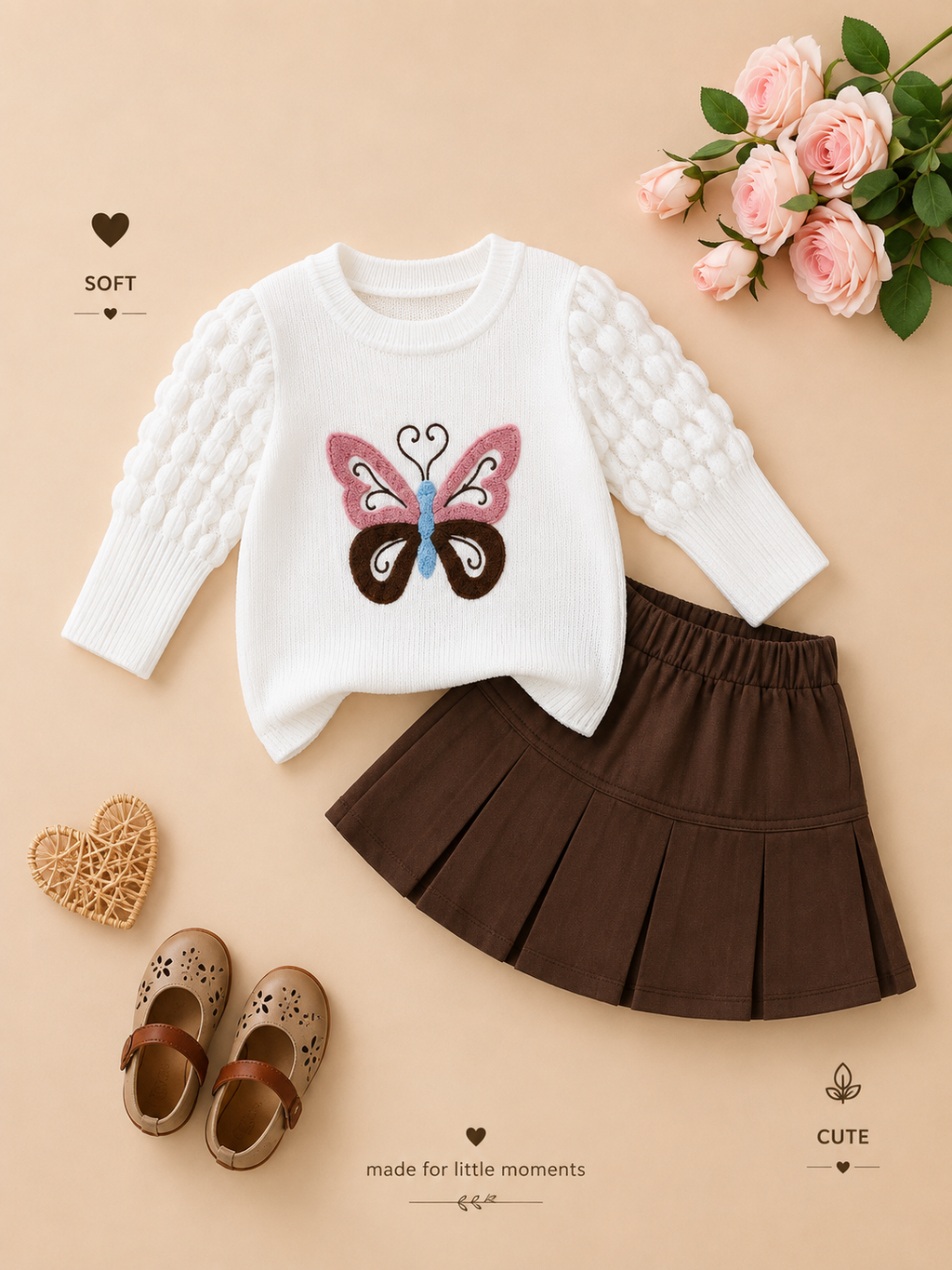 Butterfly Charm Girls Top & Pleated Skirt Set 🦋🤎