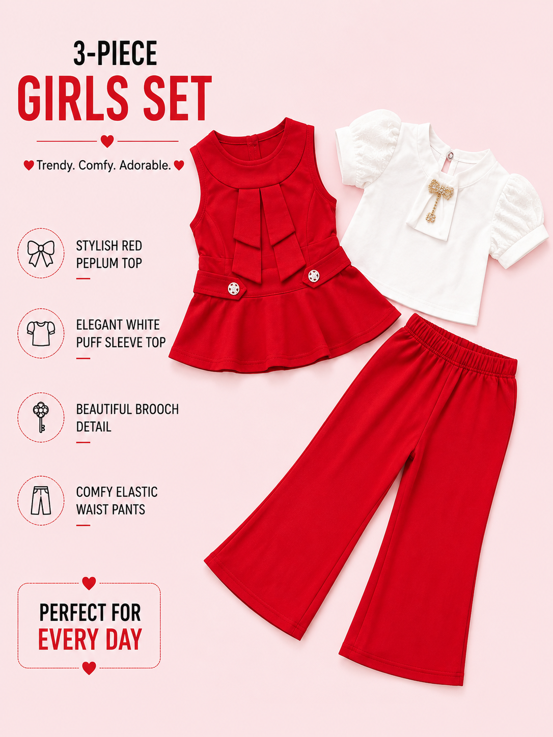 Girls Elegant Peplum Top, Puff Sleeve Shirt & Wide-Leg Pants 3-Piece Set – Pink & Red Variants