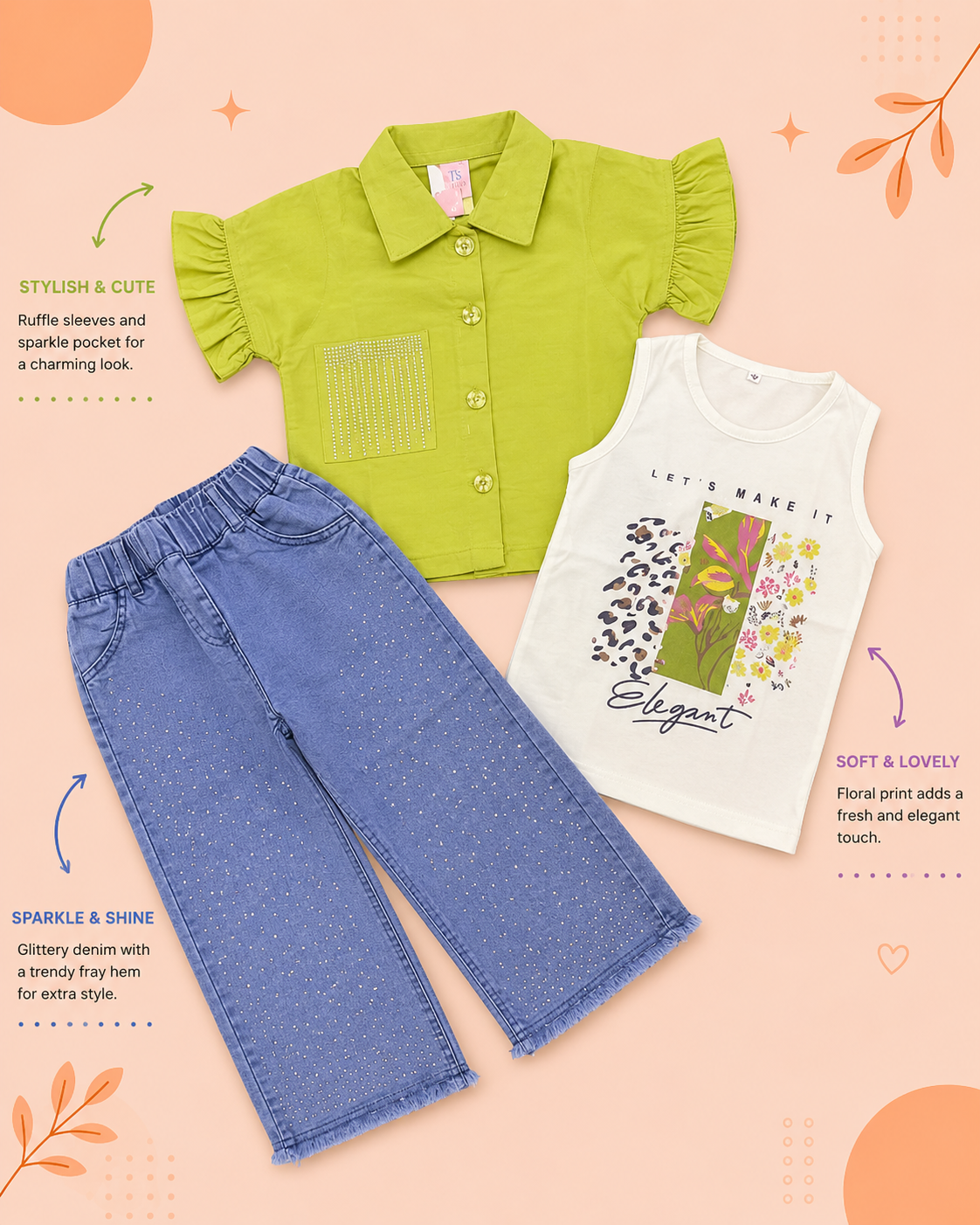 Girls Lime Green Ruffle Shirt, Printed Tank Top & Sparkle Denim 3-Piece Set