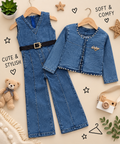 💙 Denim Diva 3-Piece Girls Set – Top, Jacket & Wide-Leg Jeans
