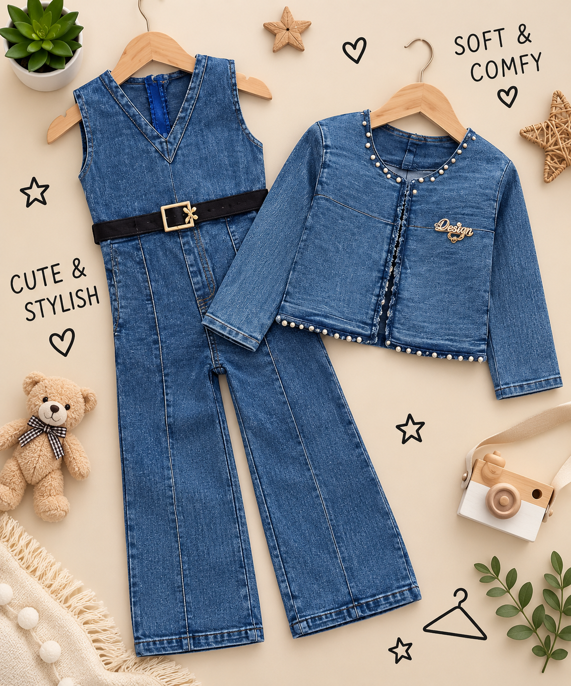 💙 Denim Diva 3-Piece Girls Set – Top, Jacket & Wide-Leg Jeans
