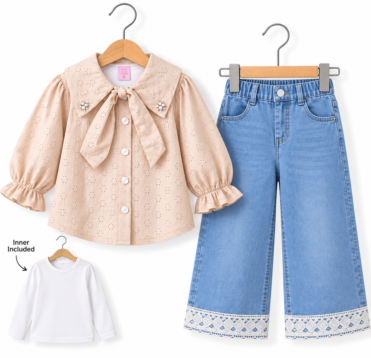 Broderie Bow Collar 3-Piece Girls Set – Shirt, Inner & Lace Trim Wide-Leg Denim