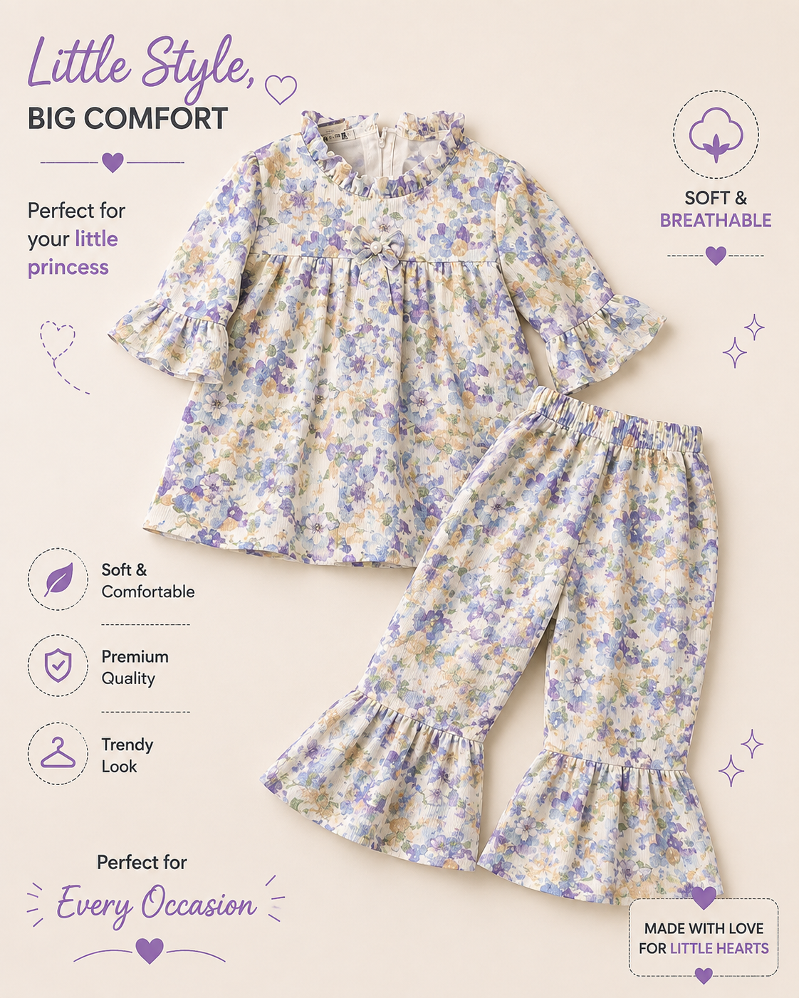 Girls’ Floral Ruffle Top & Flared Pants Set – Lavender & Cream 🌸