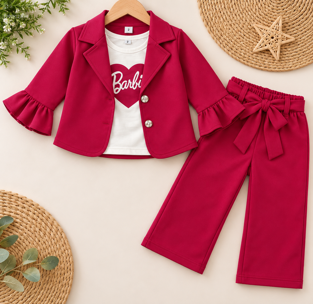 Girls Premium 3-Piece Blazer Set with Bow Waist Wide-Leg Pants