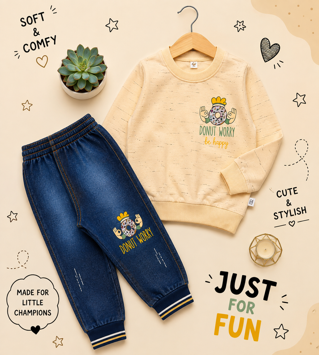 🍩 Donut Worry Kids Winter Sweatshirt & Denim Jogger Set