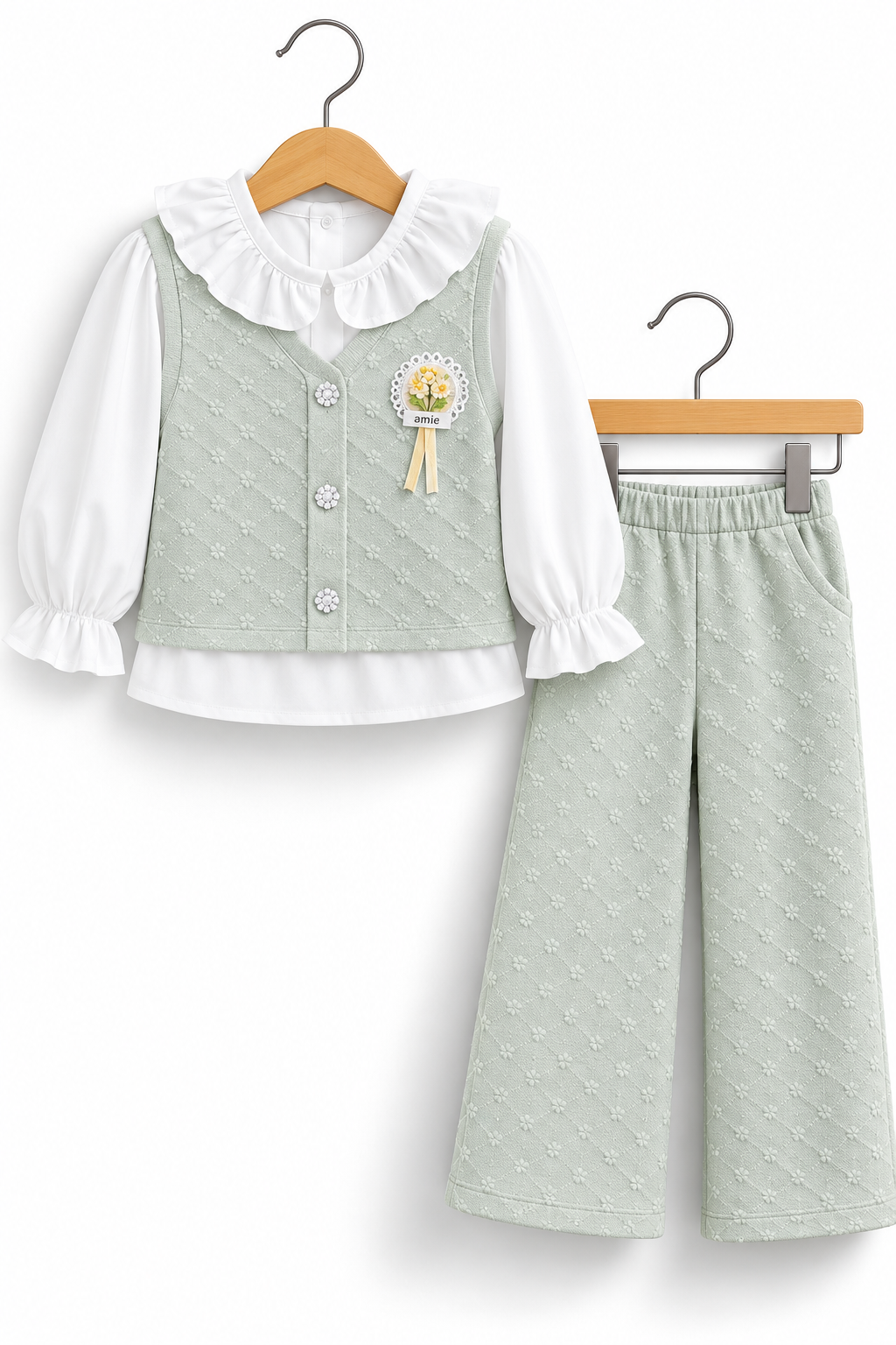 Girls 3-Piece Floral Textured Outfit Set – Flower Brooch Sleeveless Vest, White Ruffle Collar Shirt & Matching Wide Leg Pants