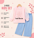 Sweet Blossom Girls Pearl Flower Top & Sparkle Wide-Leg Jeans 2-Piece Set