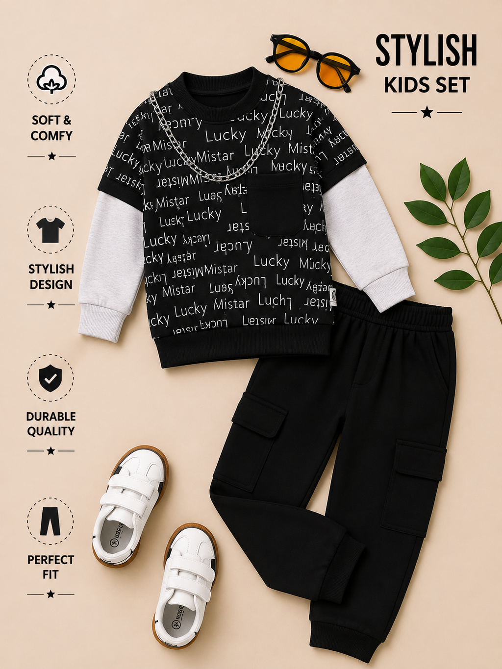 Boys Lucky Mistar Layered Sweatshirt & Cargo Jogger Set – 3 Colors