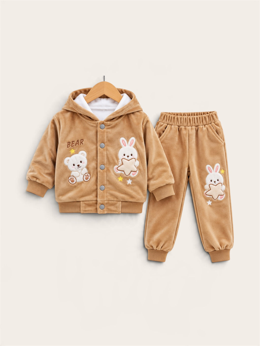 Kids Cute Teddy Bear & Bunny Embroidered Hooded Jacket with Trouser – 2 Piece Winter Set