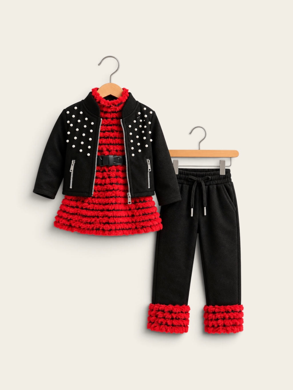 Girls Premium Furry 3-Piece Winter Outfit Set – Pearl Jacket, Fluffy Top & Matching Pants