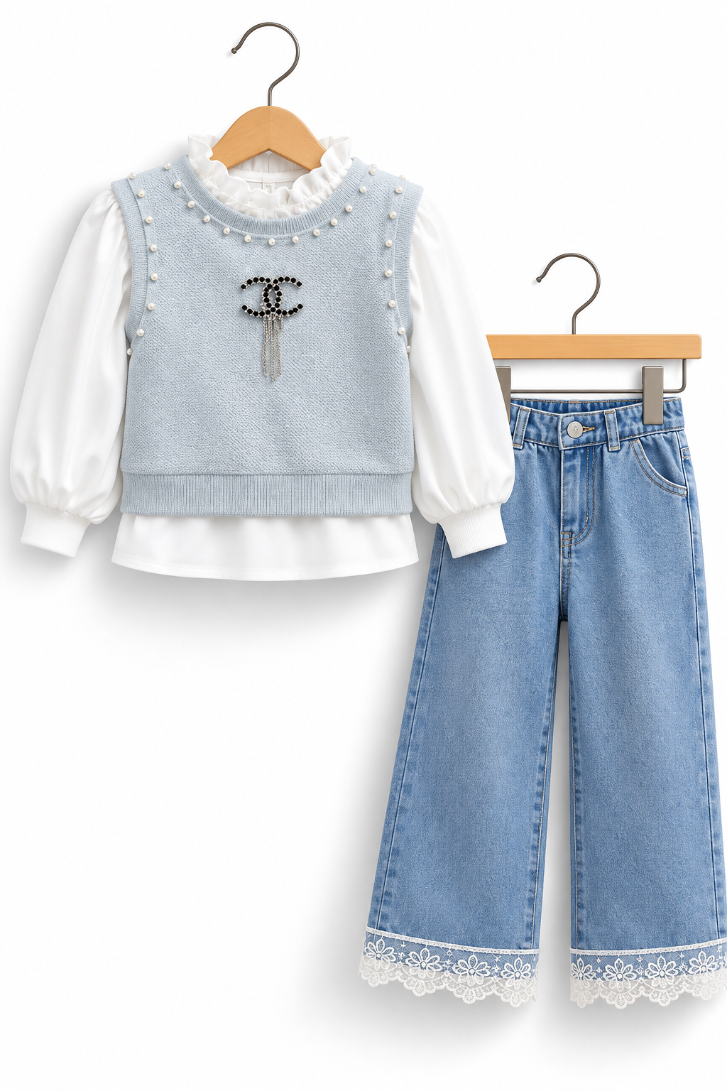 Girls 3-Piece Pearl Embellished Outfit Set – Stylish Sleeveless Top, White Puff Sleeve Shirt & Lace Trim Wide Leg Denim Jeans