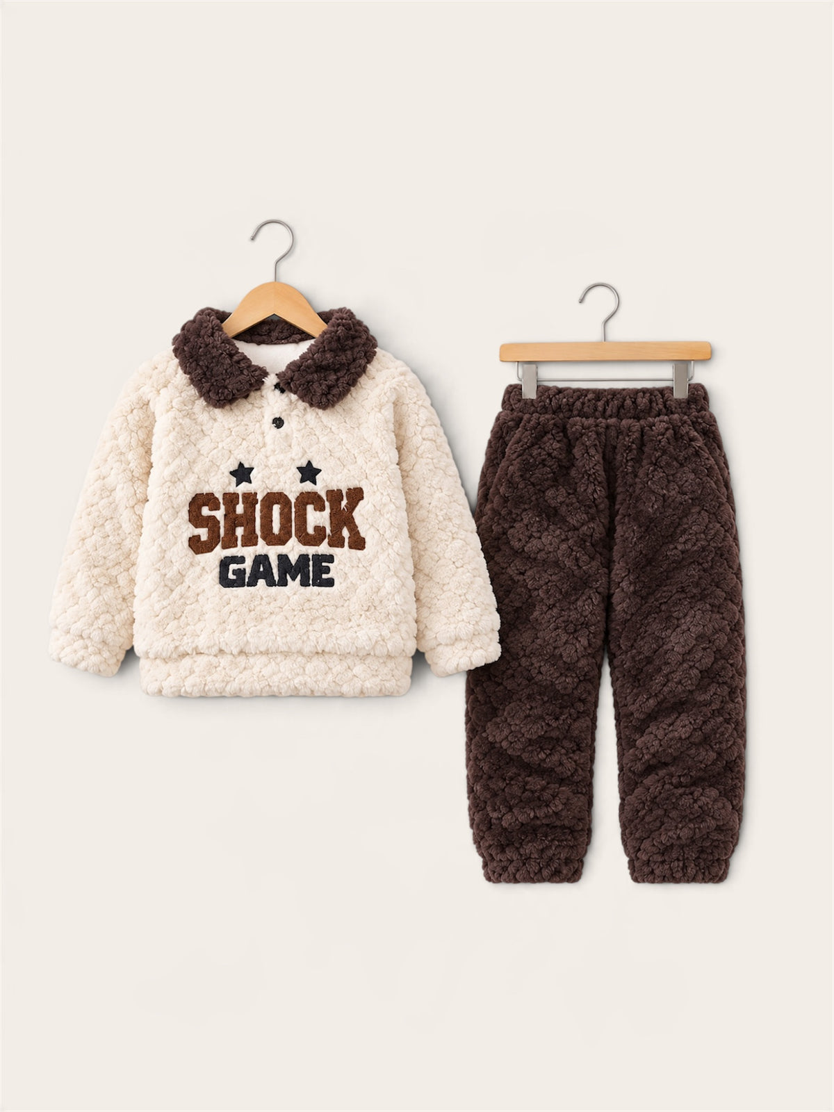 Shock Game Teddy Fleece Winter Sweatshirt & Pants 2-Piece Set for Kids – Cream & Brown