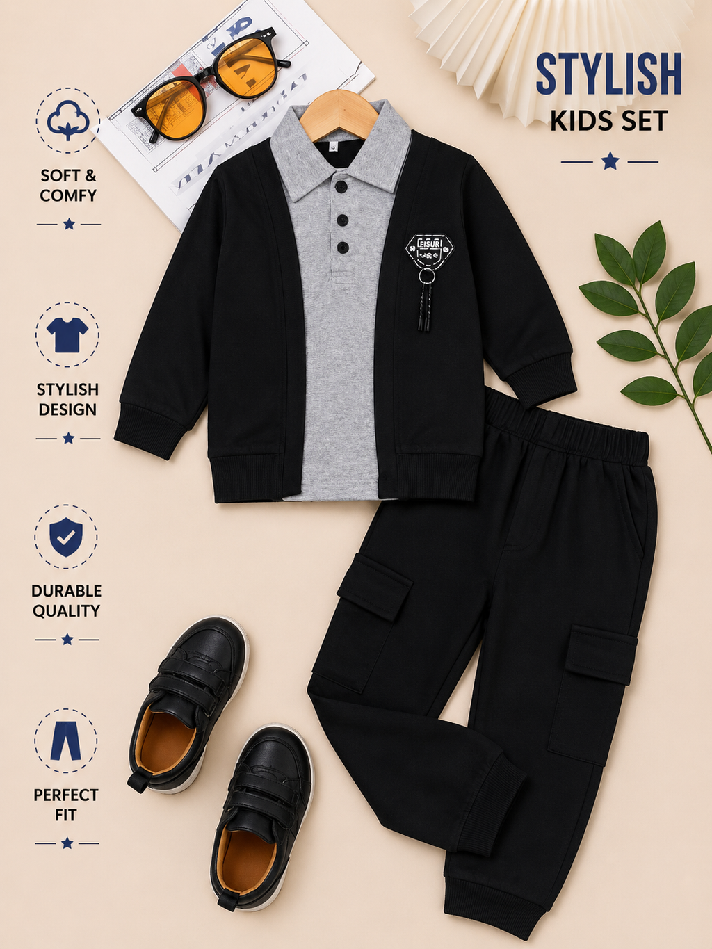 Boys Premium Polo Layered Cargo Tracksuit Set – Red & Black Variants