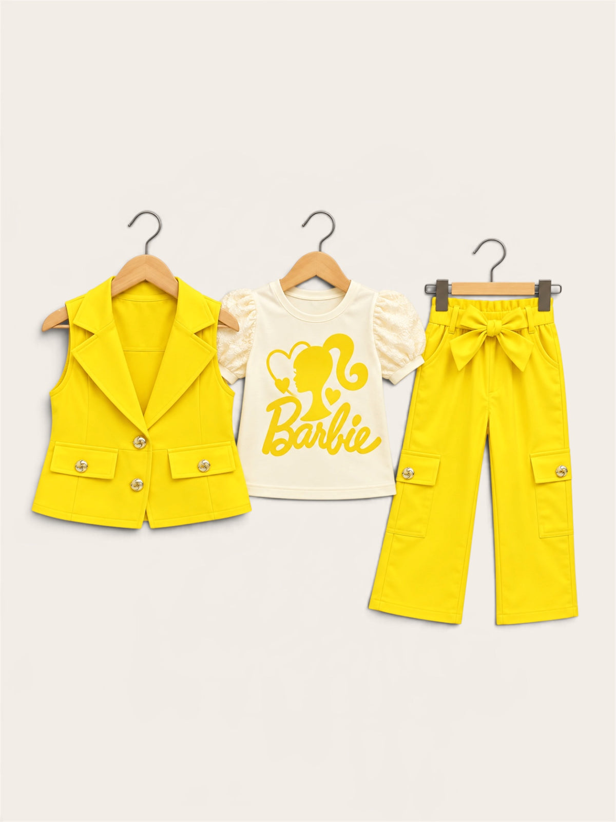 Girls’ Barbie Inspired 3-Piece Stylish Waistcoat & Wide-Leg Pants Set
