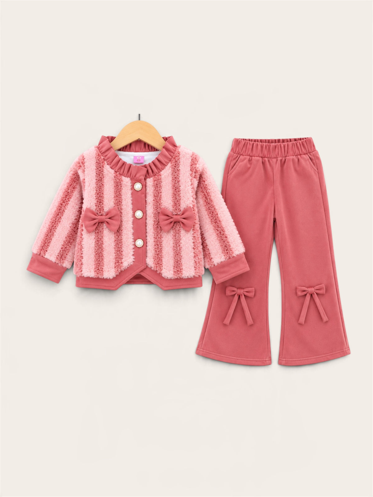 Girls Premium Fuzzy Fur Bow Detail Cardigan & Flared Trouser 2-Piece Winter Set – Pink, Navy Blue & Mustard