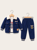 Boys Vivelo Sherpa Collar Jacket, Sweatshirt & Jogger 3-Piece Winter Set – Green & Navy Blue