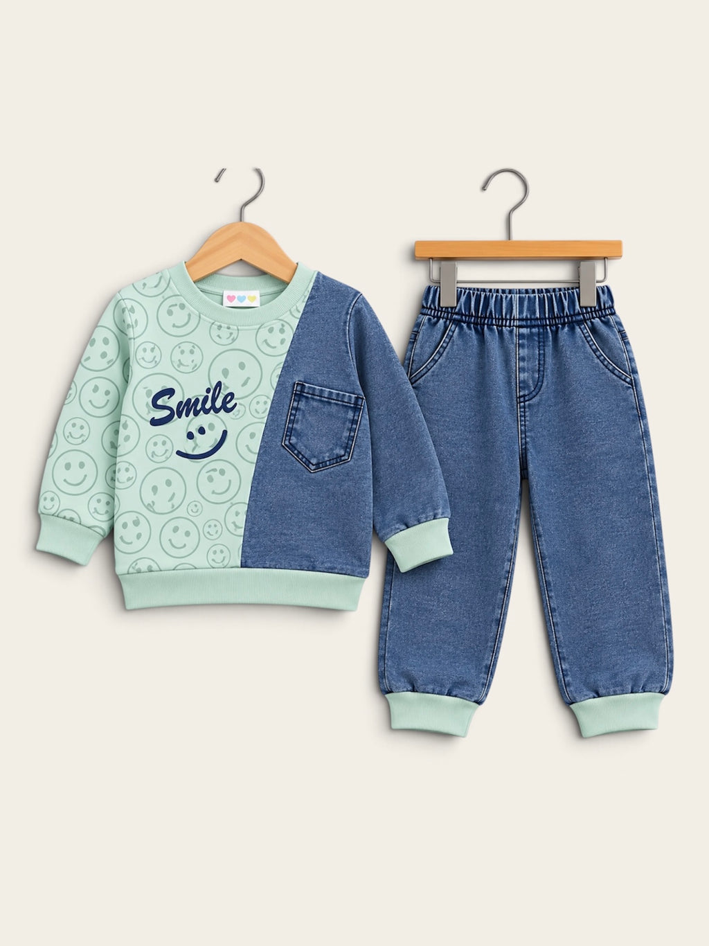 Kids Smile Denim Patch Sweatshirt & Jogger Set