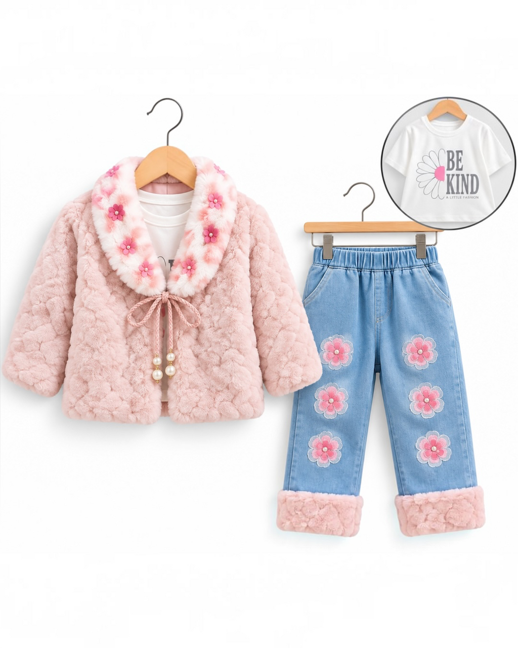 Girls Premium Floral Fur Jacket, T-Shirt & Denim Pants 3-Piece Winter Set