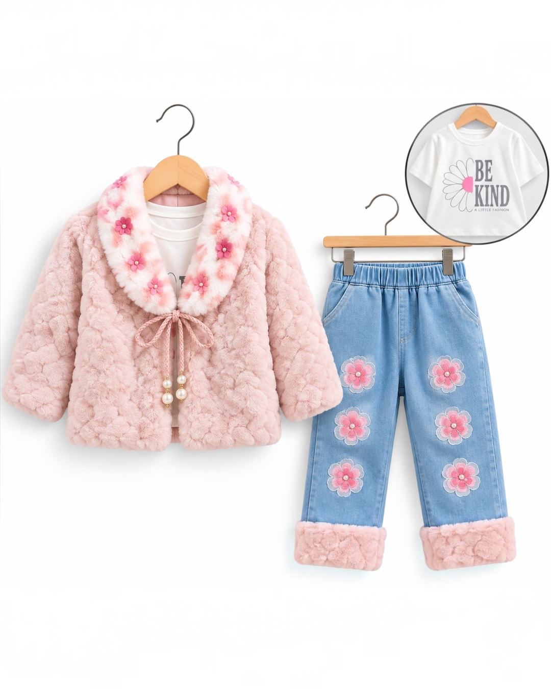 Girls Premium Floral Fur Jacket, T-Shirt & Denim Pants 3-Piece Winter Set