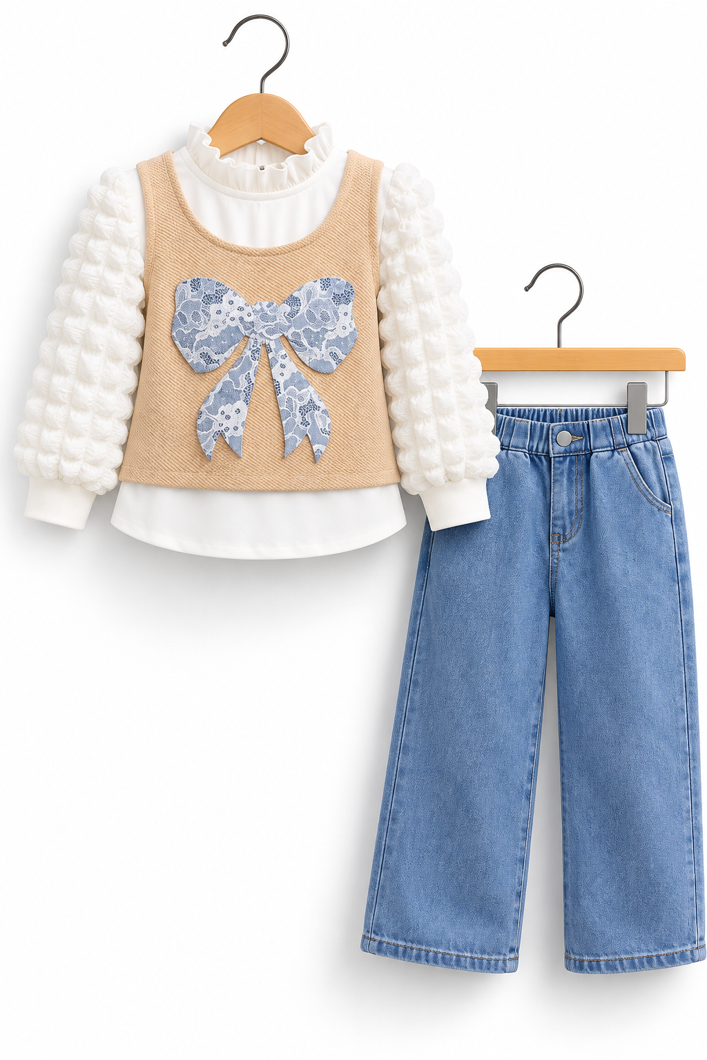 Girls 3-Piece Floral Bow Outfit Set – Textured Sleeveless Top, White Puff Sleeve Shirt & Wide Leg Denim Jeans