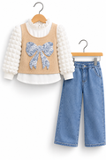 Girls 3-Piece Floral Bow Outfit Set – Textured Sleeveless Top, White Puff Sleeve Shirt & Wide Leg Denim Jeans