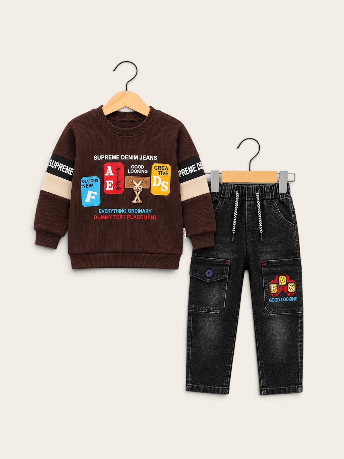 Supreme Style Boys Sweatshirt & Black Denim Cargo 2-Piece Set