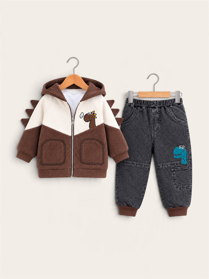 Cute Dinosaur Hooded Zipper Jacket & Denim Jogger Pants 3-Piece Set for Boys