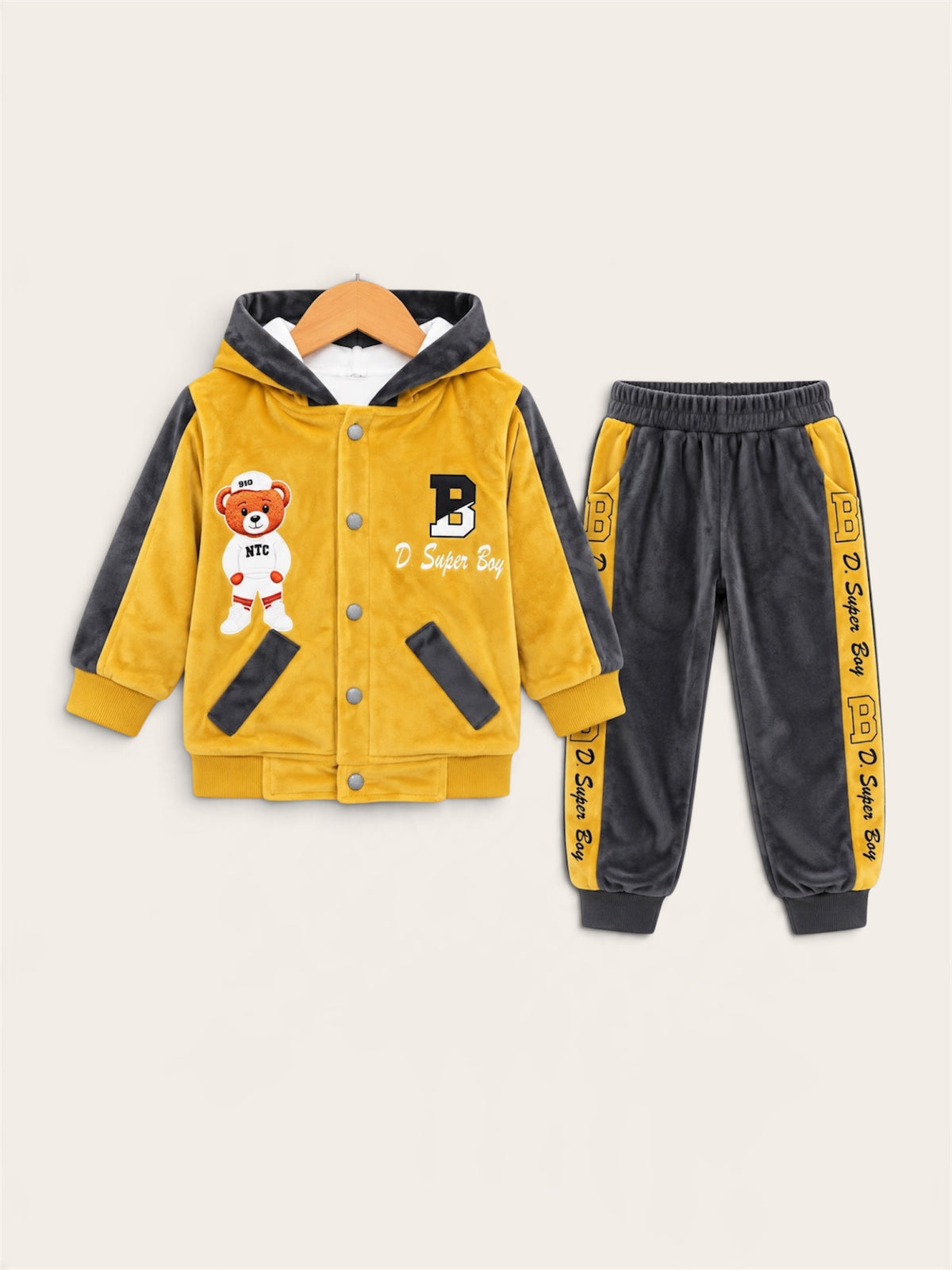 Boys Teddy Bear Embroidered Velvet Hooded Jacket & Trouser 2-Piece Winter Set