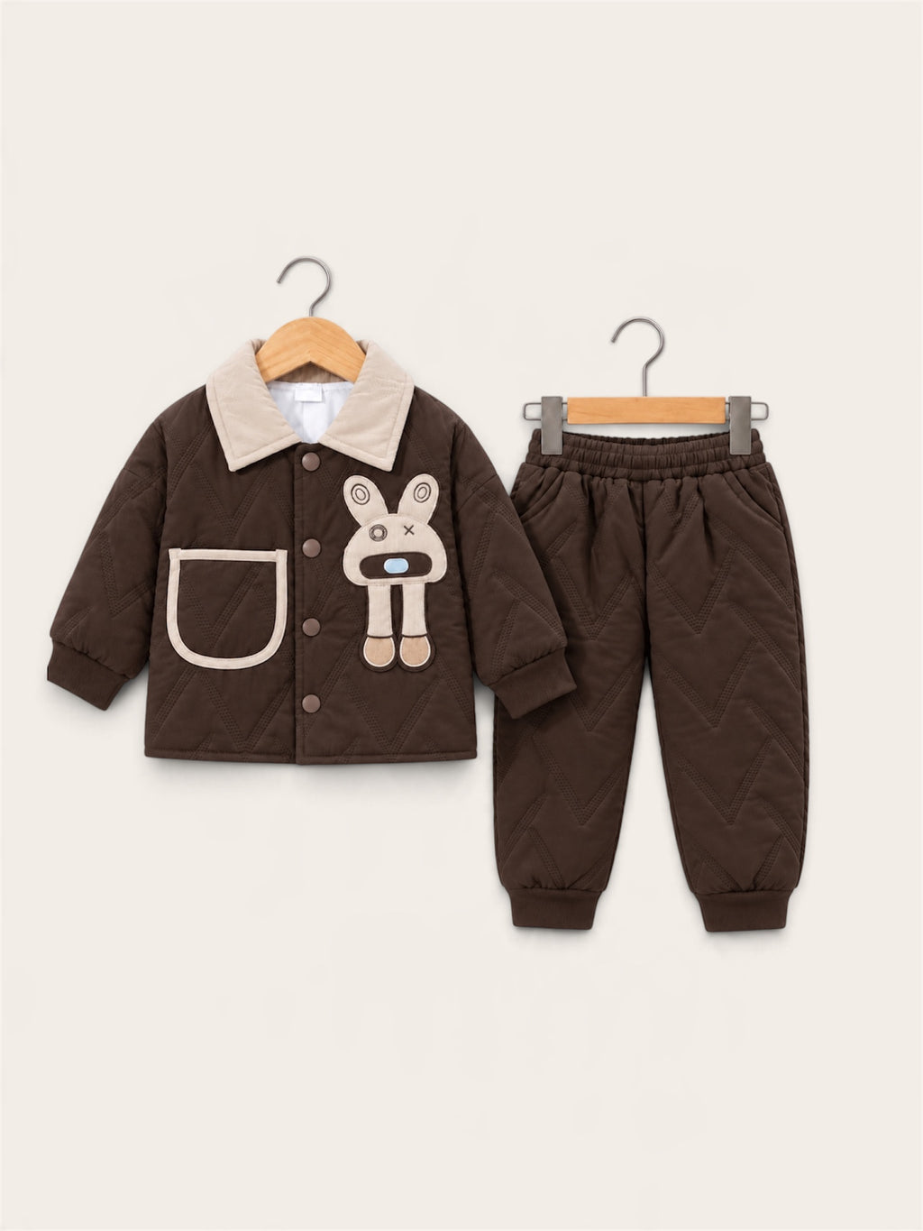 Cute Bunny Quilted Winter Jacket & Pants 2-Piece Set for Kids – Brown & Beige
