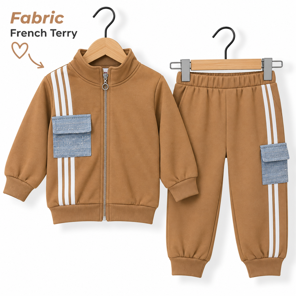 Kids French Terry Zip-Up Tracksuit with Stripe & Cargo Pocket Detail