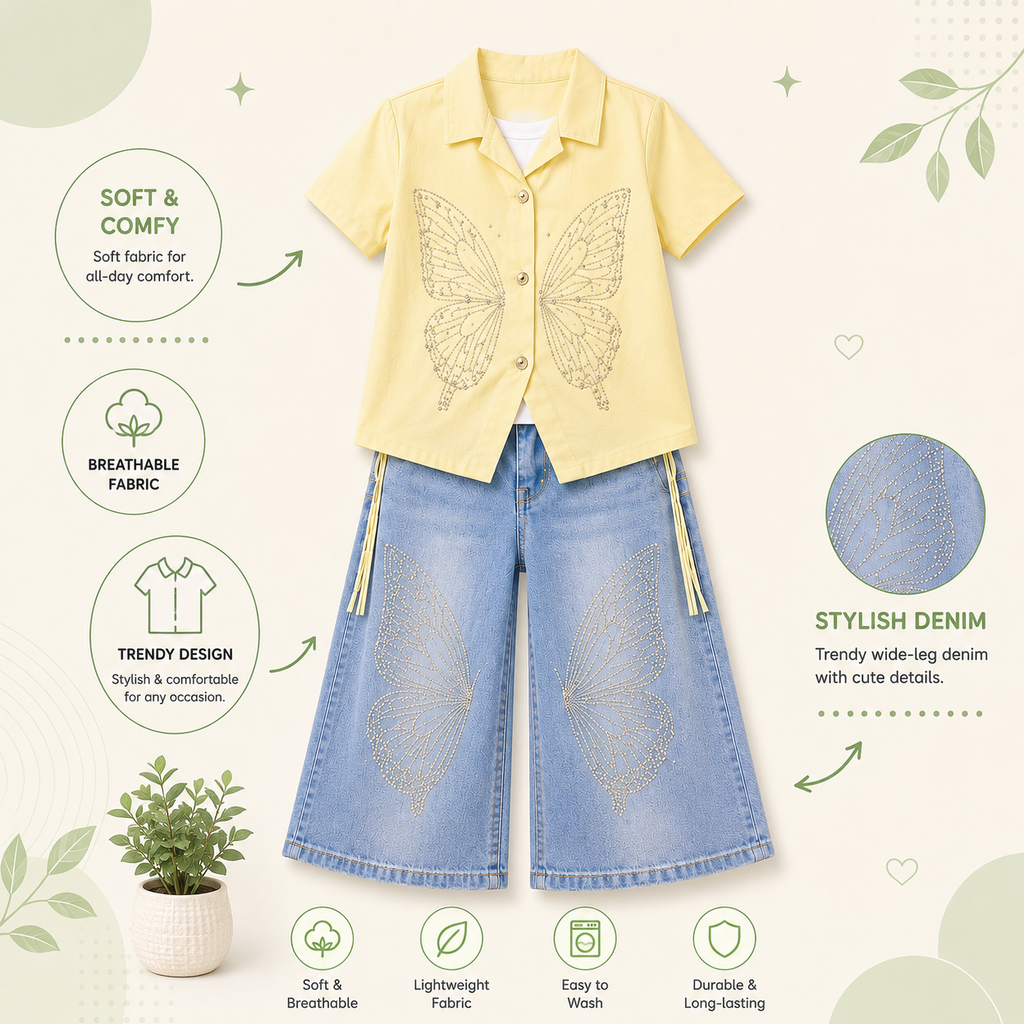 Premium Butterfly Co-Ord Set for Girls | Stylish Denim Outfit