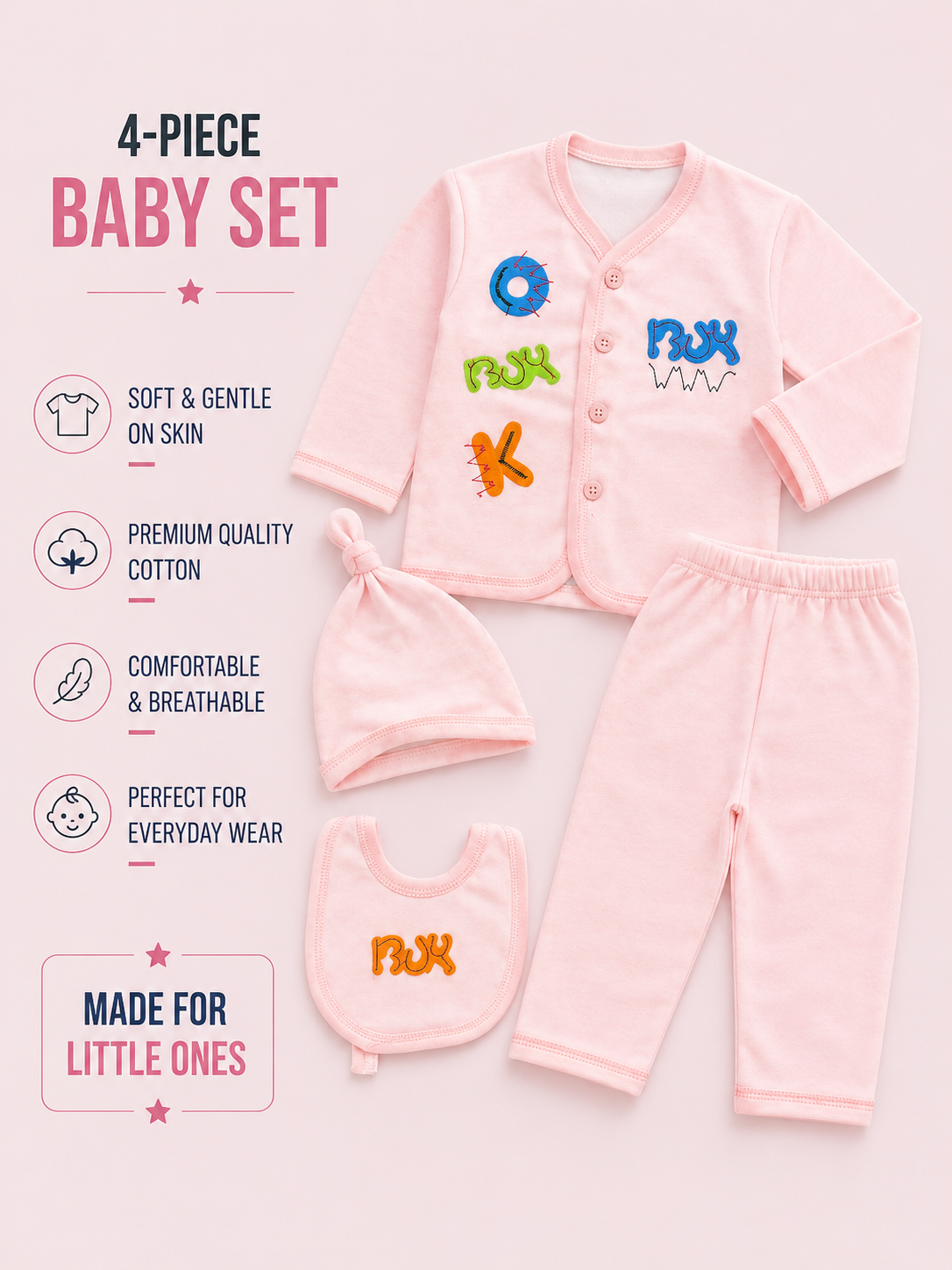 Cute Baby 4-Piece Cotton Top, Pants, Bib & Cap Set – Pink