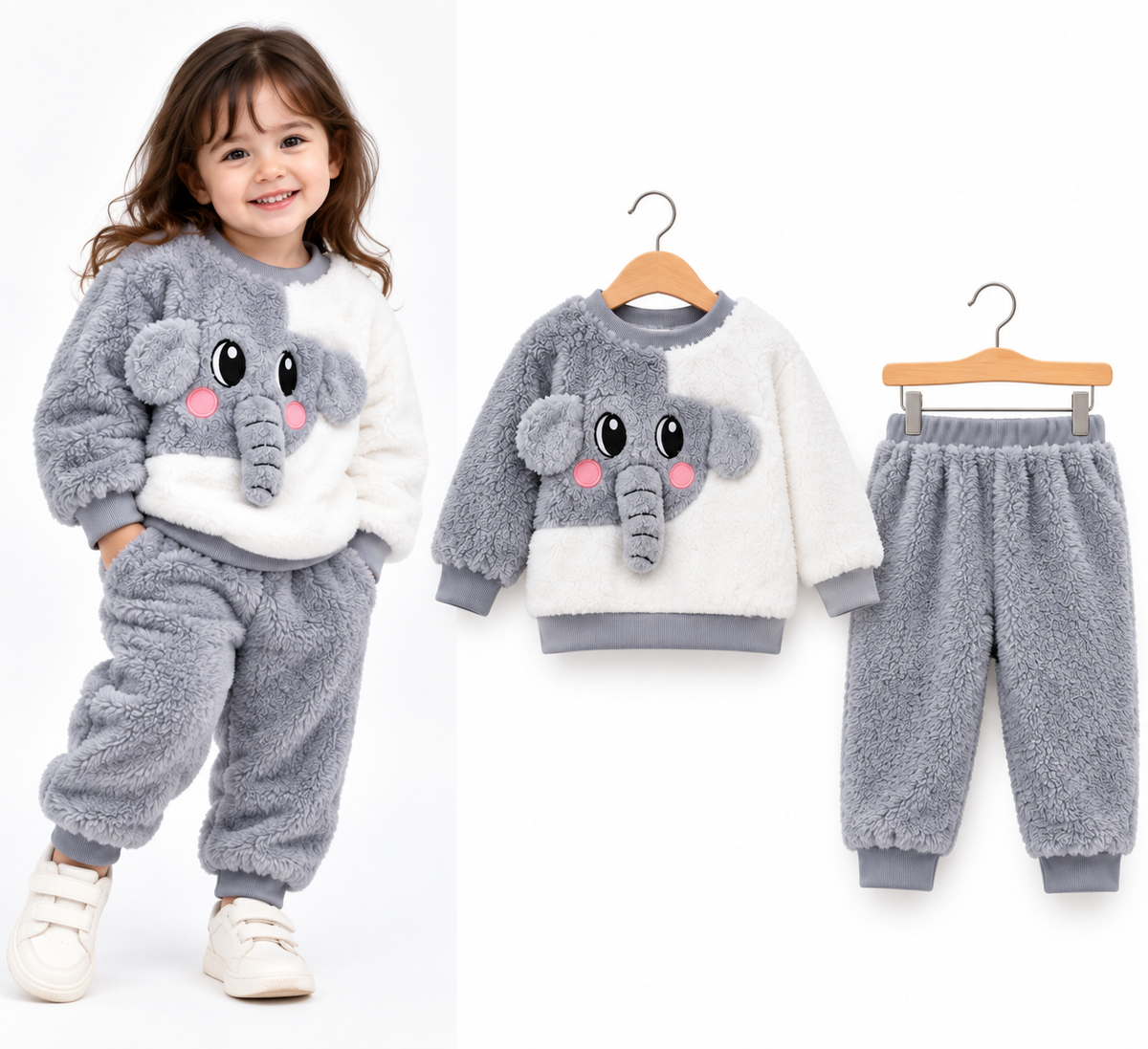 Kids Cute Elephant Furr Sweatshirt & Jogger 2-Piece Winter Set 🐘🩵🤍