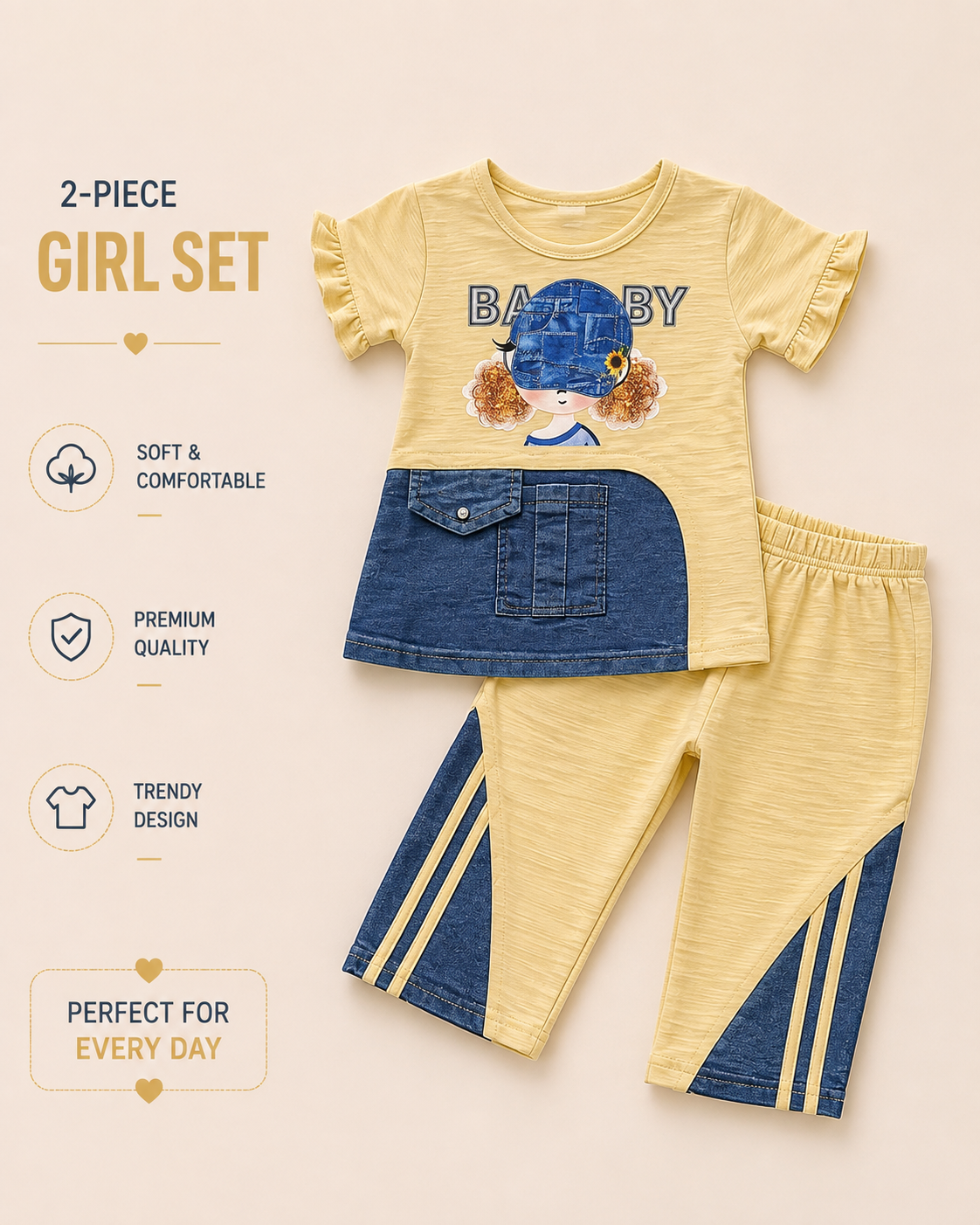 Girls Denim Style Graphic Top & Pants 2-Piece Set – Pink & Yellow Variants