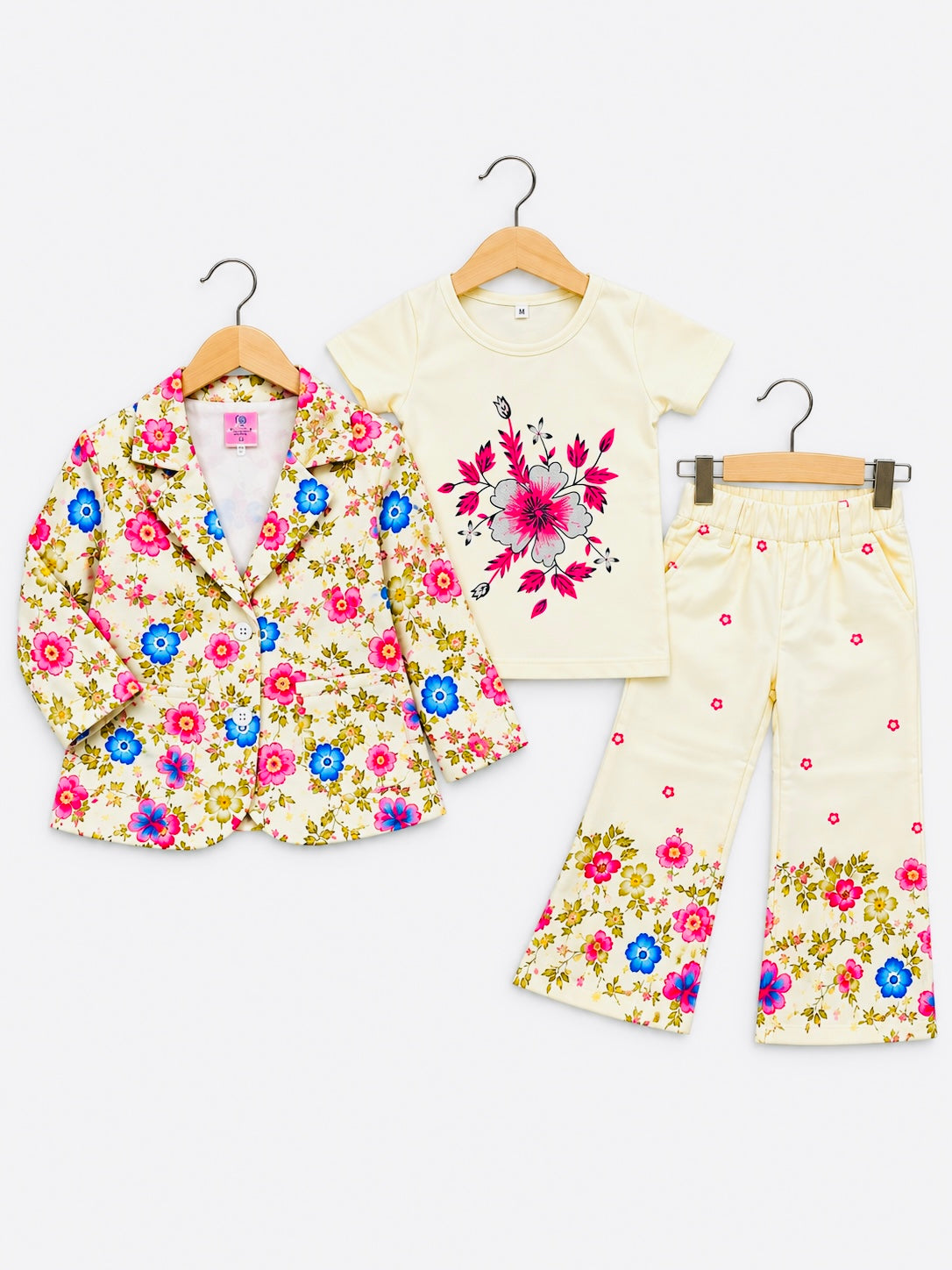 Girls 3-Piece Floral Blazer, Printed T-Shirt & Flared Pants Set – 12 Months to 6 Years