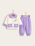 Cute Floral Teddy Fleece Winter Jacket & Pants 2-Piece Set for Girls – Purple & Sky Blue