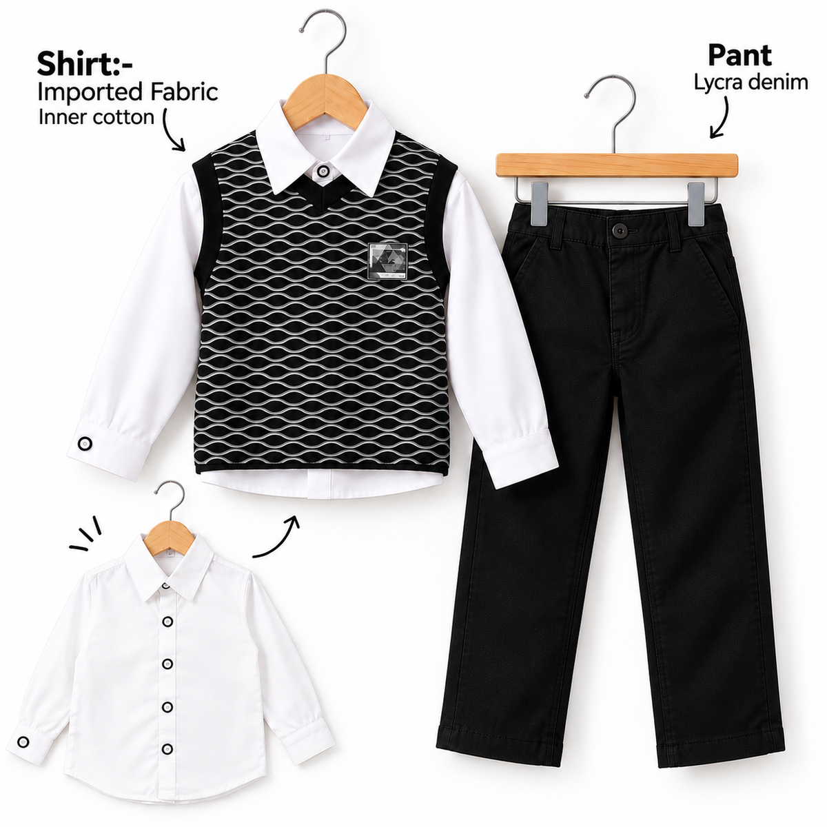 Boys Premium Layered Shirt & Lycra Denim Pant Set – Black & White