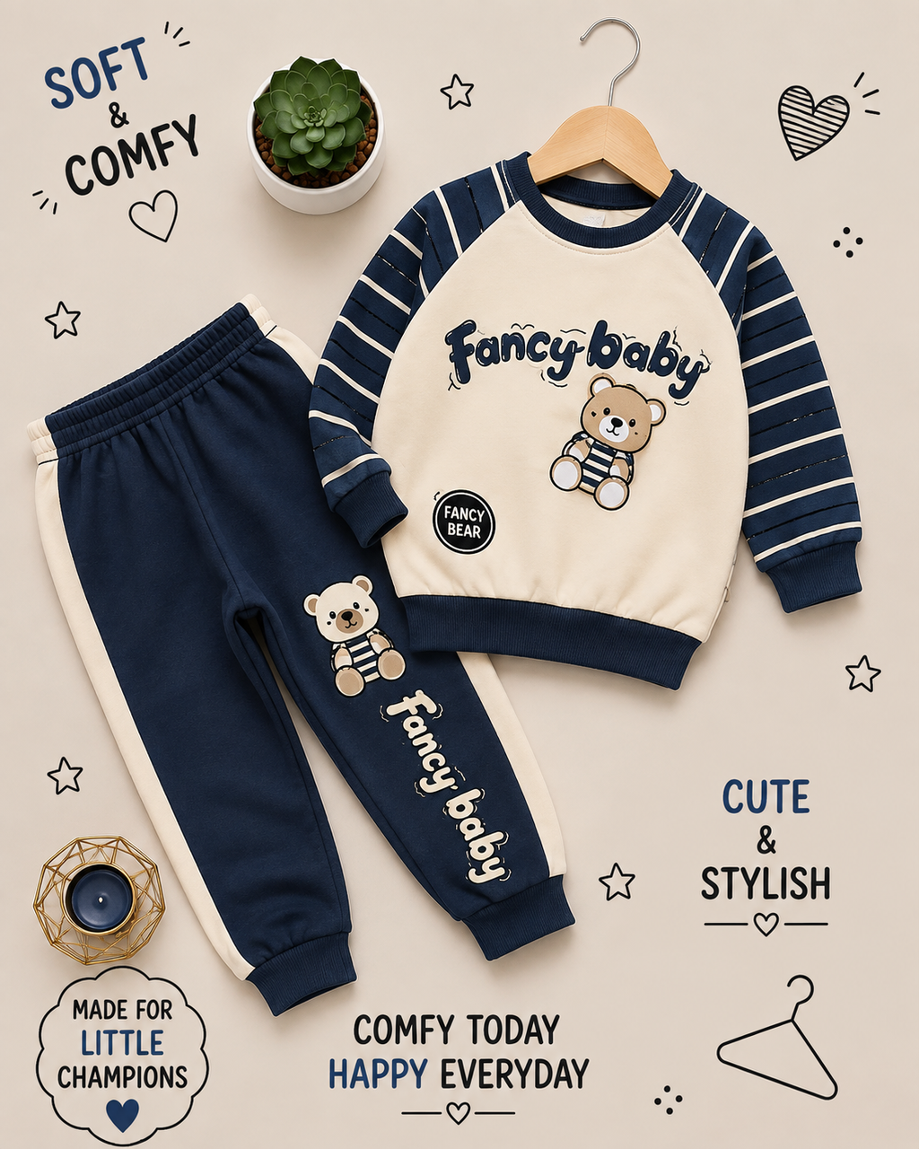 🧸 Boys Fancy Baby Bear French Terry Tracksuit Set