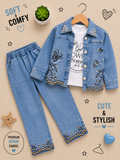 Girls Premium Butterfly Embroidered Denim 3-Piece Set – Jacket, T-Shirt & Jeans