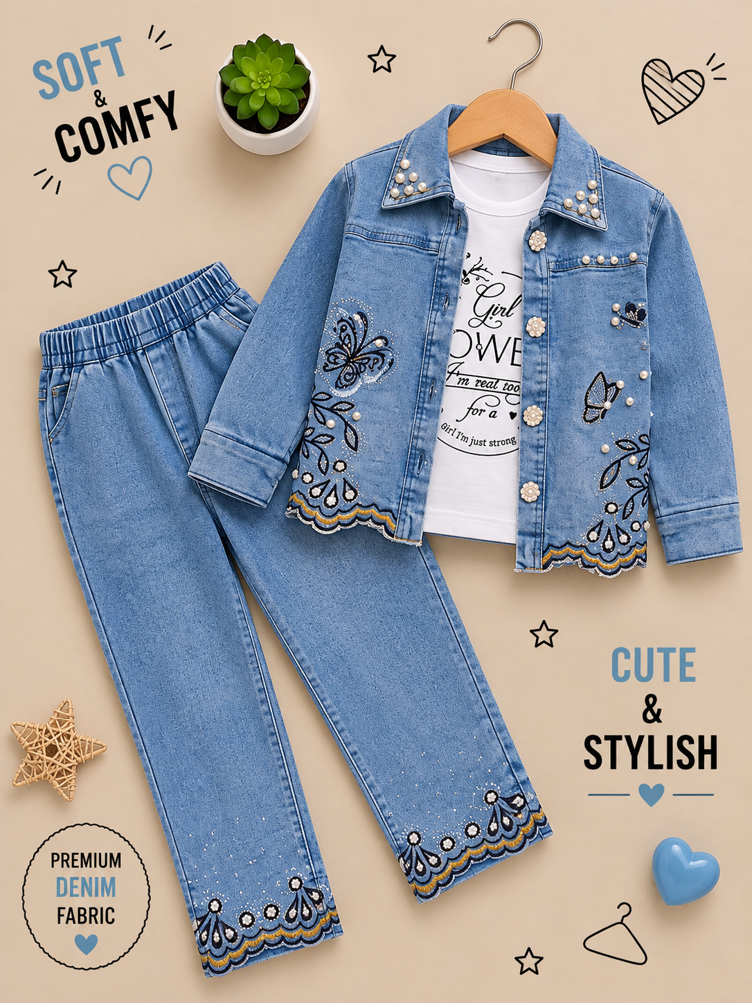 Girls Premium Butterfly Embroidered Denim 3-Piece Set – Jacket, T-Shirt & Jeans