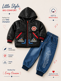 Imported Boys’ Premium Hooded Puffer Jacket & Denim Jogger Set – Black & Blue