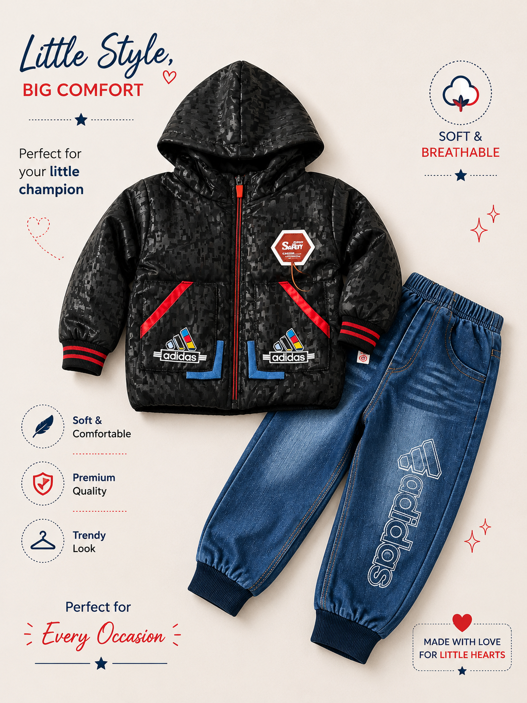 Imported Boys’ Premium Hooded Puffer Jacket & Denim Jogger Set – Black & Blue