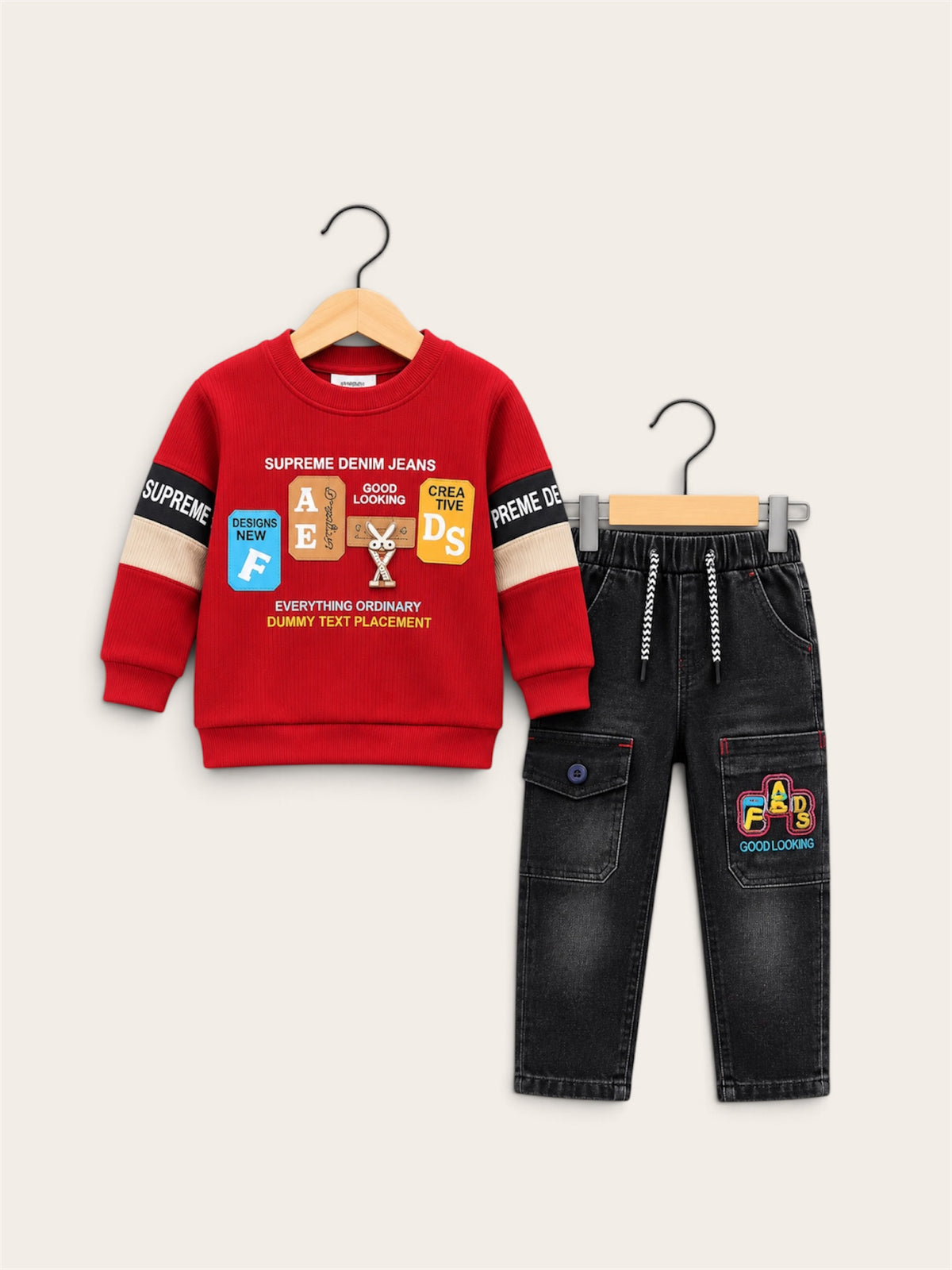 Supreme Style Boys Sweatshirt & Black Denim Cargo 2-Piece Set