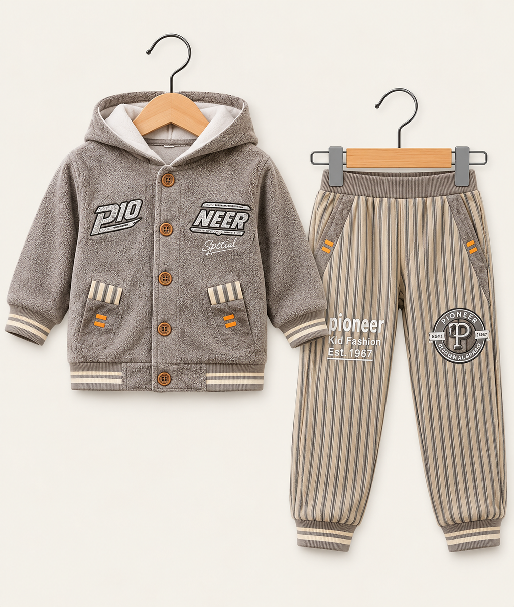 Pioneer Boys Hooded Jacket & Striped Jogger 2-Piece Set – Brown & Grey