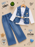 Girls Premium Denim 3-Piece Set – Belted Vest, Printed Top & Wide-Leg Jeans 💙✨